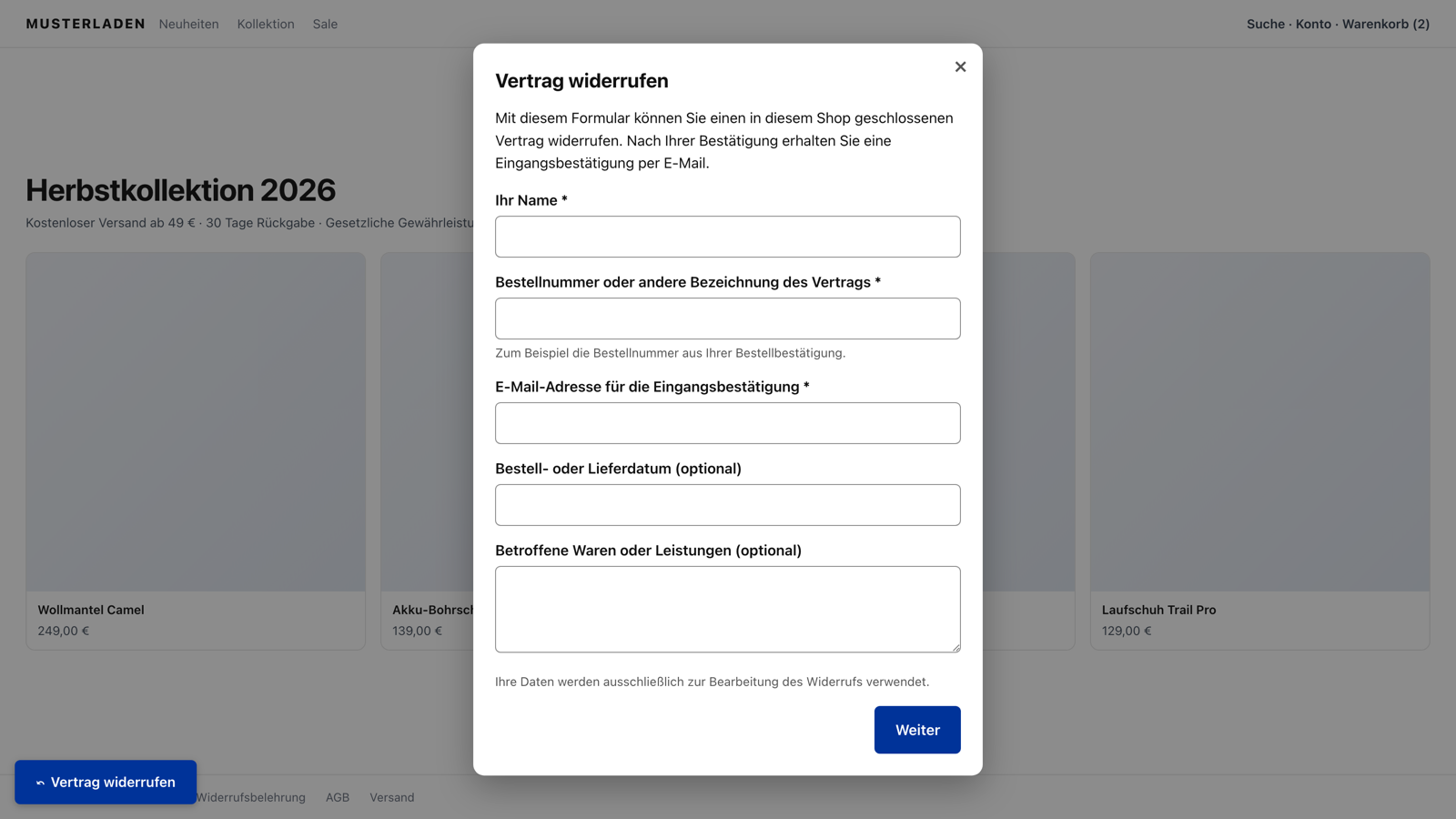Widerrufsbutton und Dialog in einem Shop