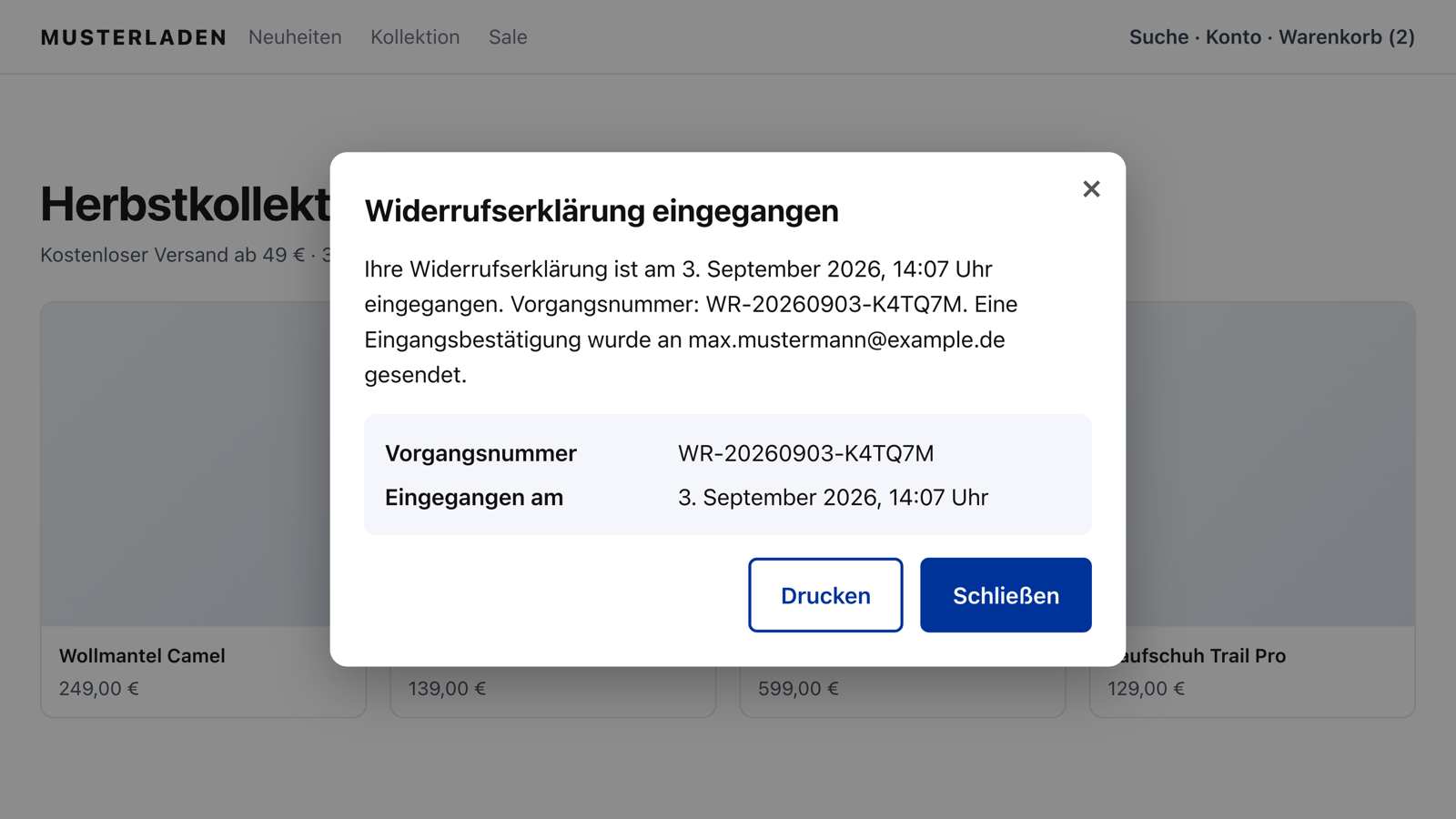 Eingangsbestätigung mit Vorgangsnummer und Zeitstempel