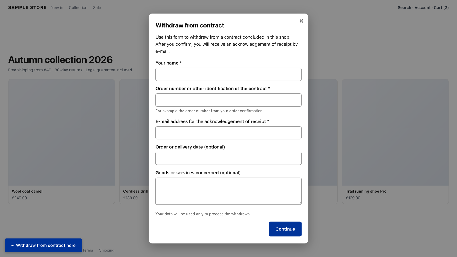 Withdrawal button and dialog in a storefront