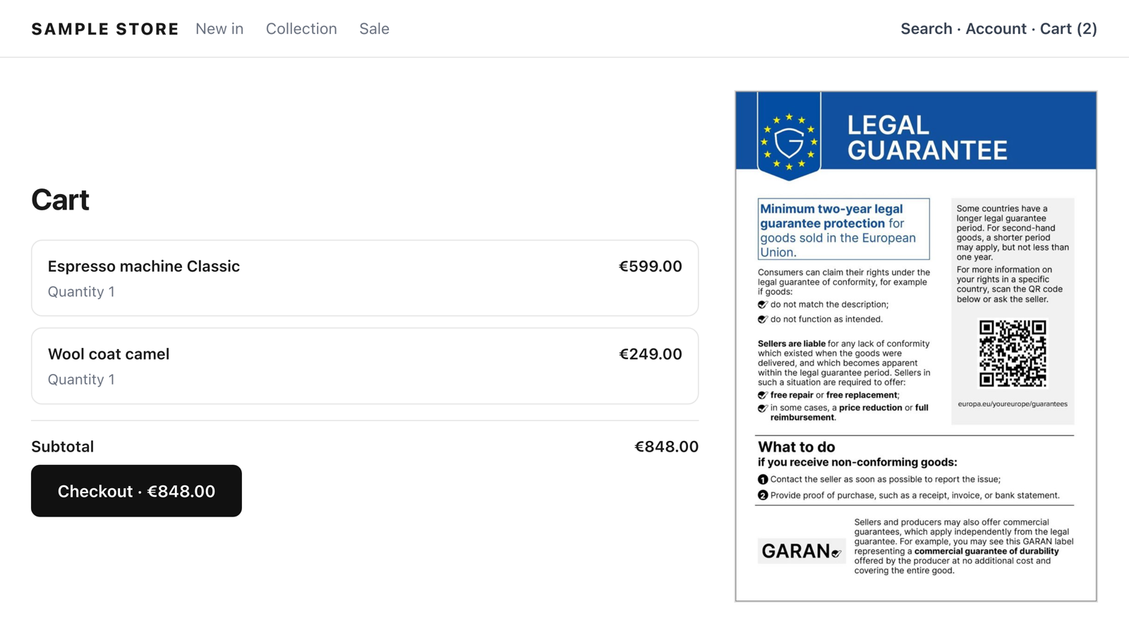 Legal-guarantee notice in the cart