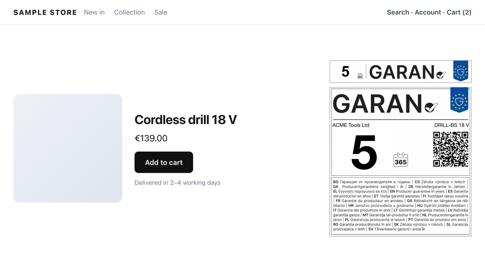 GARAN label on the product page
