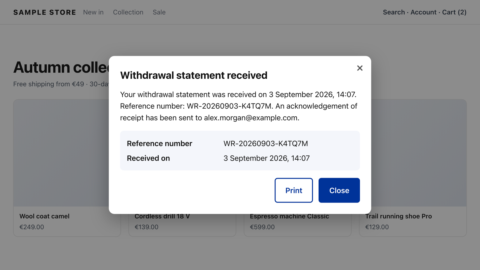 Receipt with reference number and timestamp