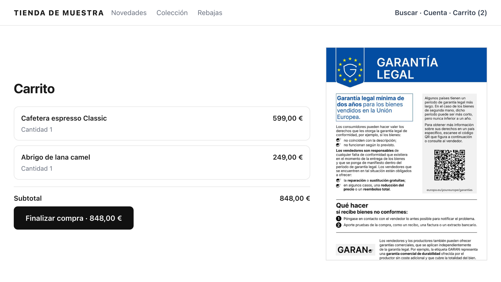 Aviso de garantía legal en el carrito