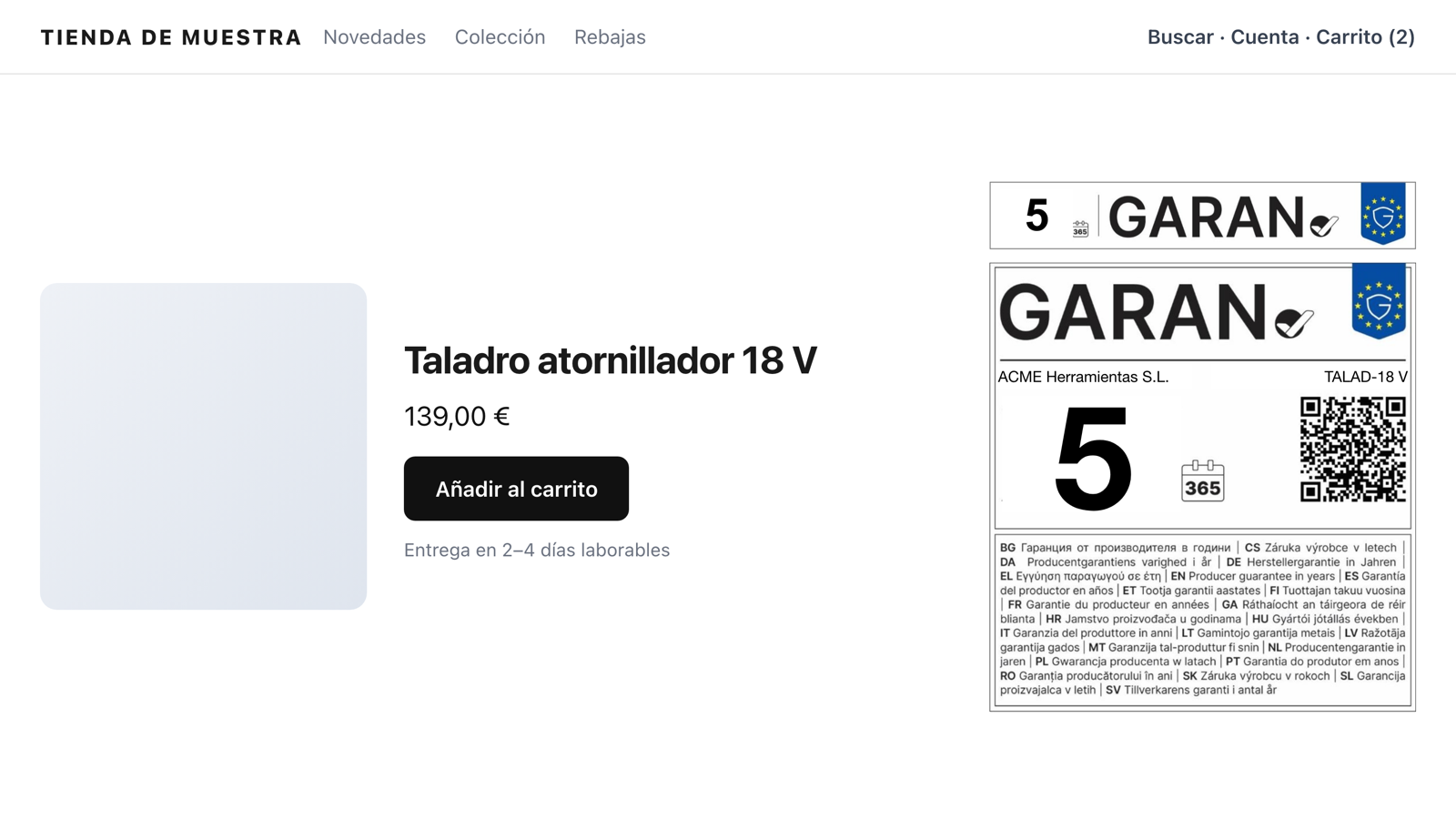 Etiqueta GARAN en la página de producto