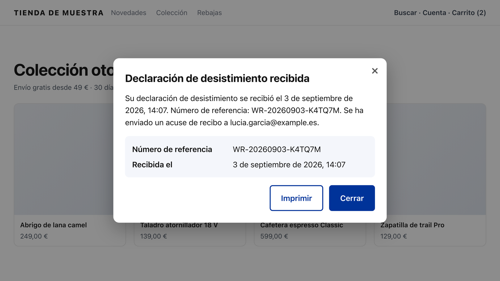 Acuse de recibo con número de referencia y marca de tiempo