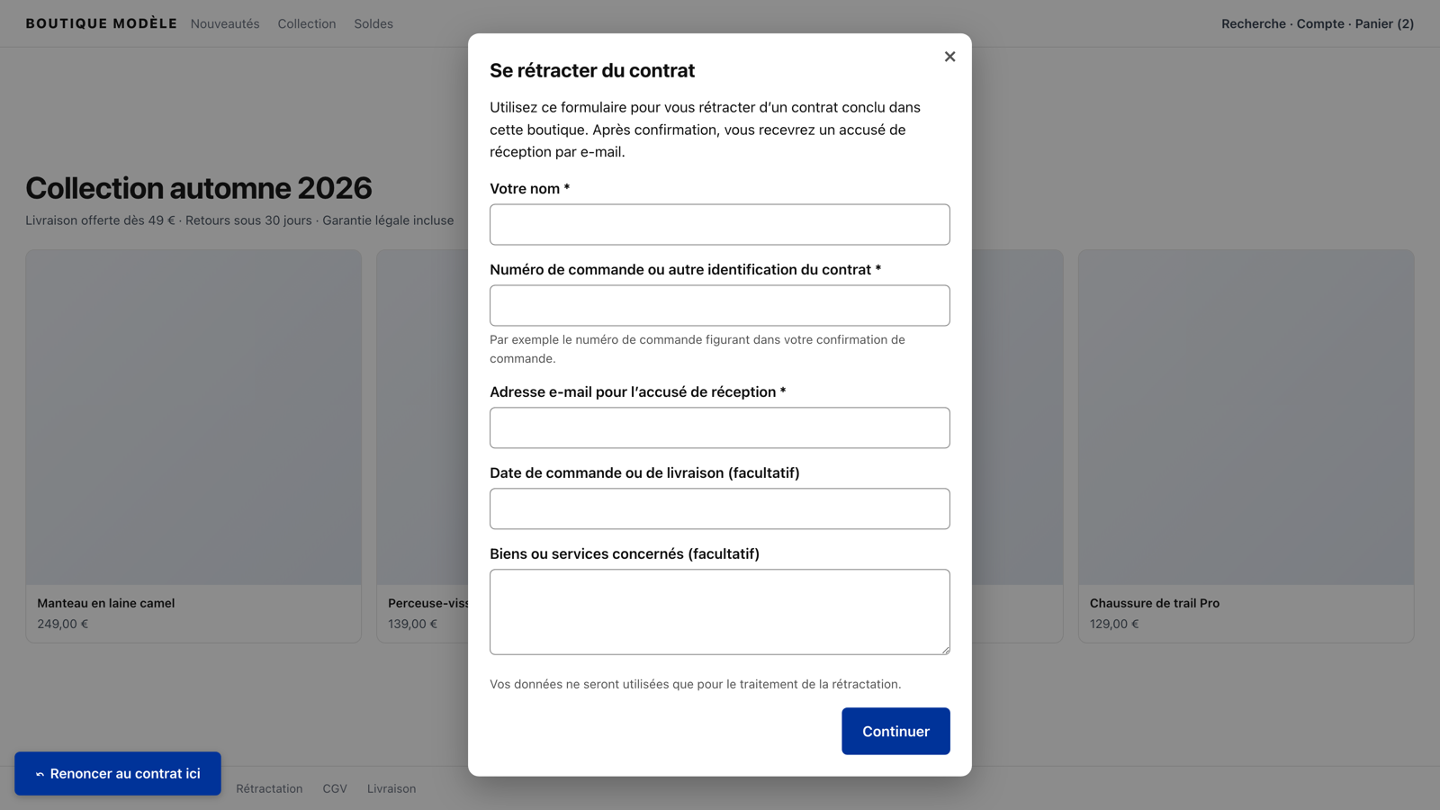 Bouton de rétractation et fenêtre de dialogue dans une boutique