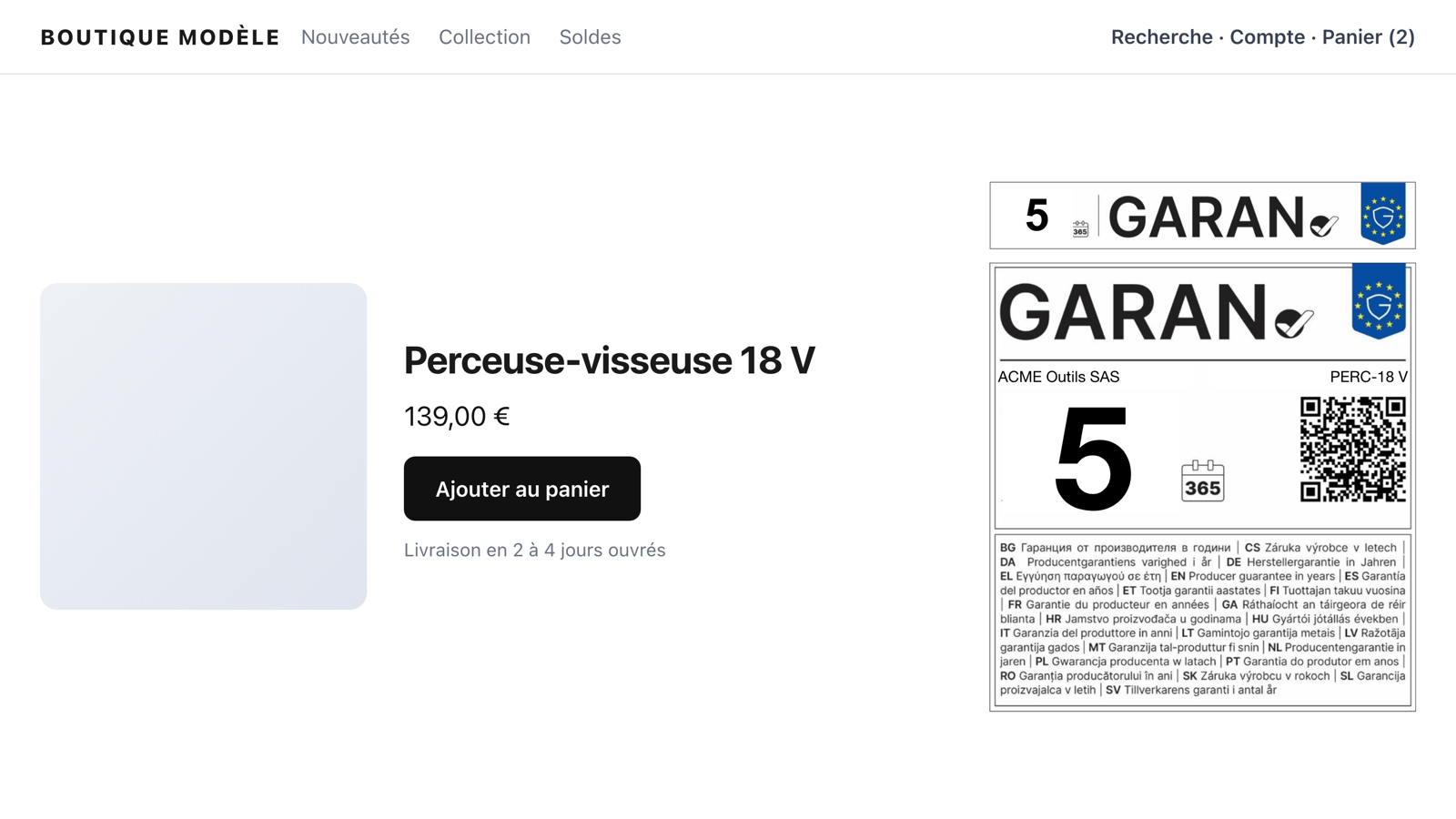 Label GARAN sur la page produit
