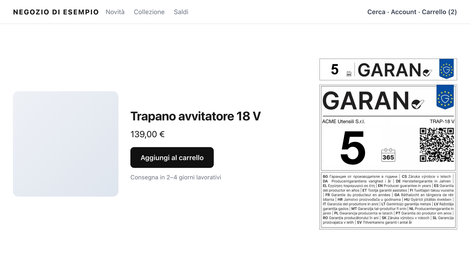 Etichetta GARAN nella pagina prodotto