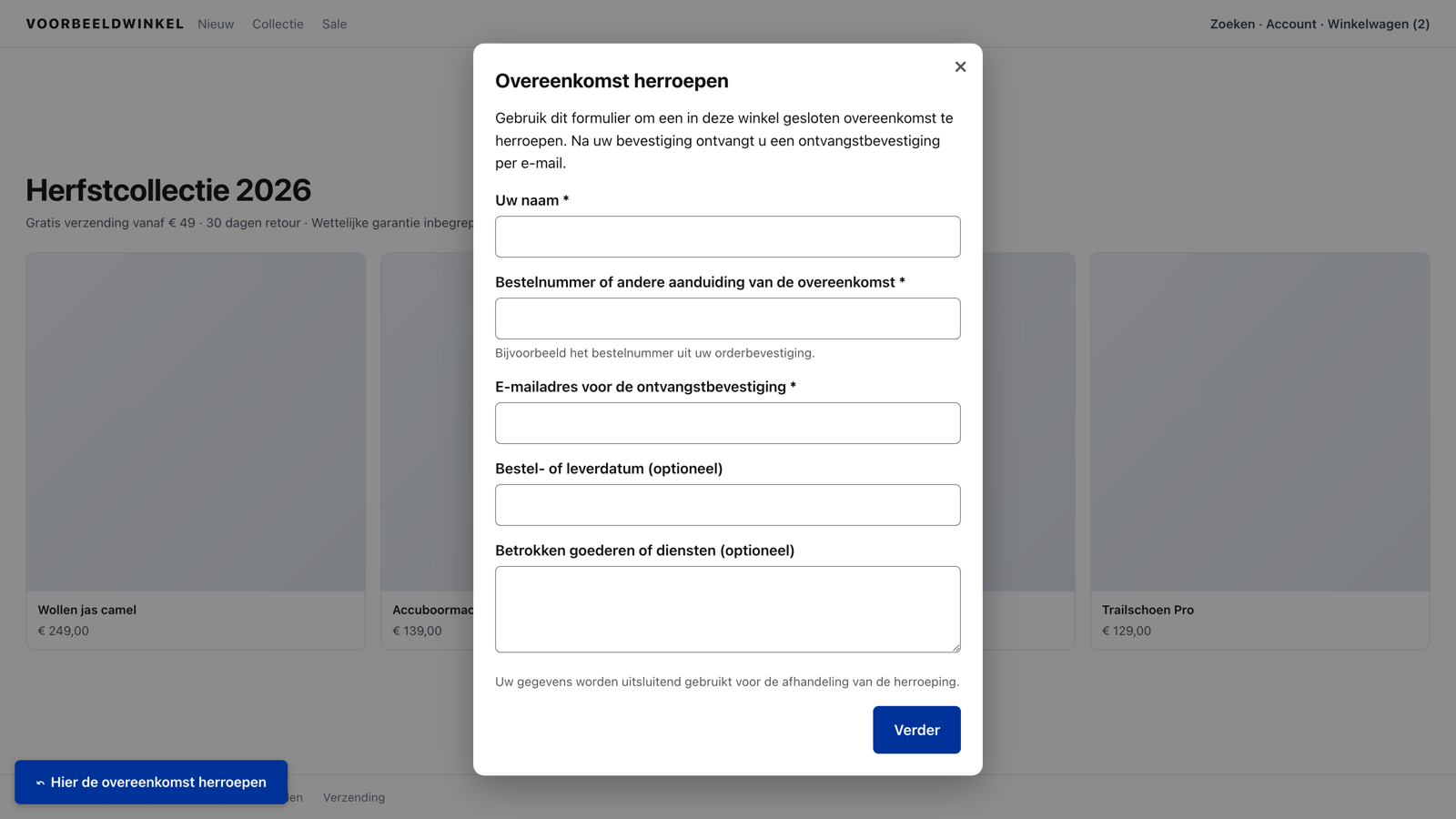 Herroepingsknop en dialoogvenster in een webshop