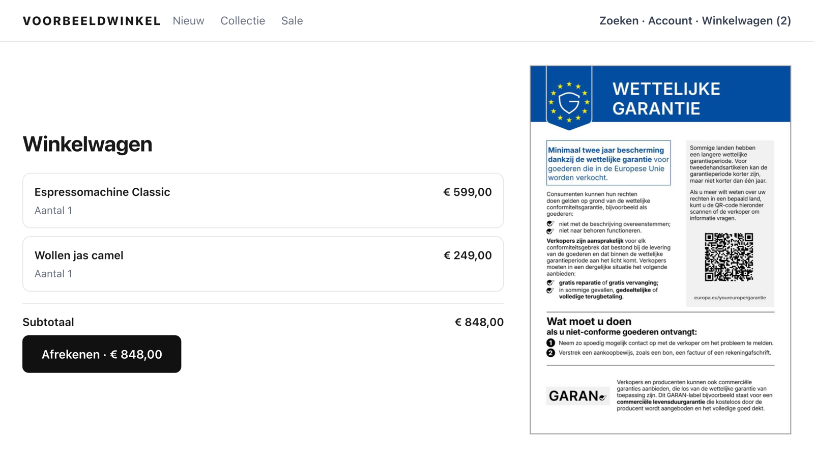 Garantiemelding in de winkelwagen
