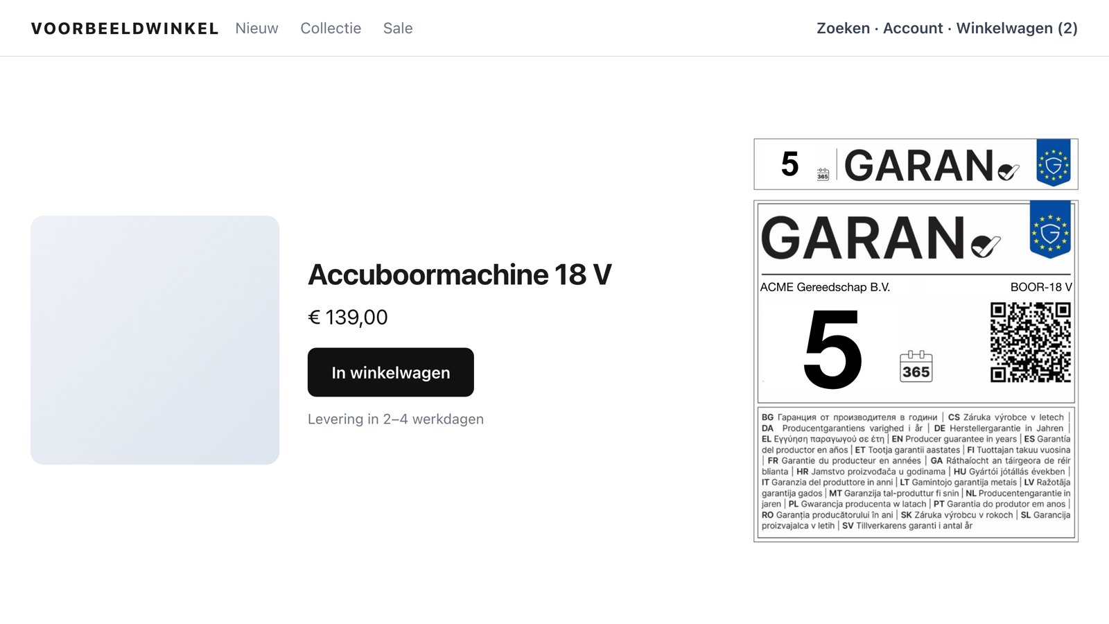 GARAN-label op de productpagina